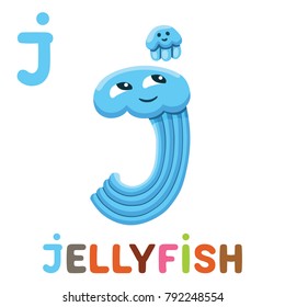 J is for Jellyfish. Letter J. Jellyfish, cute funny illustration. Animal alphabet