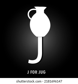 J for Jug text with white silhouette of jug sign. isolated on black background. eps10. 