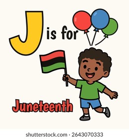 J is for Juneteenth – Black child cartoon with pan-African flag and party balloons for Emancipation Day learning
