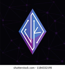 J K Initial letter block chain logo icon vector template. Looping mono line circuit letter on rhombus cube logo