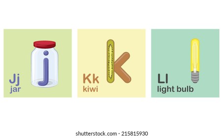 J, K, L, Children Alphabet, Kids Letters, Vector Illustration, 