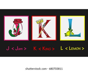 J K L letter / Character letter.
The complete children english alphabet.
English alphabet for kids with Animal Food and fruit. Wall chart for kids language learning. ABC cards for toddlers.