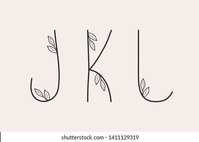 J, K and L letter set of a simple alphabet with floral elements.