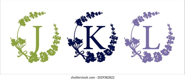 J K L letter. Set modern hand-drawn silhouette sketch illustrations. Lavender flower wreath with alphabet monogram Good idea for wedding art decor Vintage vector typographic emblem, logo, label design