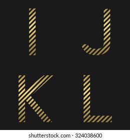 I J K L letters. Golden striped alphabet, vector illustration