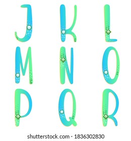 J K L M N O P Q R characters. Turquoise blue gradient alphabet with gems. Vector letters with gemstones. Illustration alphabets for gems and jewelry. 