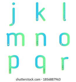 J K L M N O P Q R lowercase characters. Turquoise blue gradient alphabet with gems. Vector letters with gemstones. Illustration alphabets for gems and jewelry. 