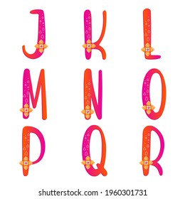 J K L M N O P Q R characters. Pink and orange gradient alphabet with gems. Vector letters with gemstone pattern. Illustration alphabets for education, gems and jewelry. 