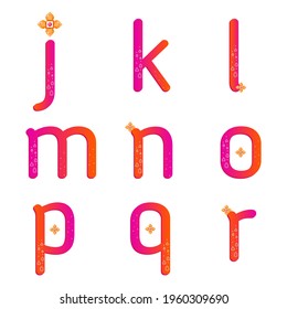 J K L M N O P Q R lowercase characters. Orange pink gradient lowercase alphabet with gems. Vector letters with gemstone patterns and flower. Illustration alphabets for gems and jewelry.