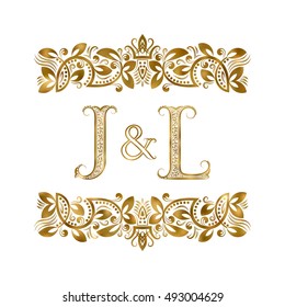 J and L vintage initials logo symbol. The letters are surrounded by ornamental elements. Wedding or business partners monogram in royal style.