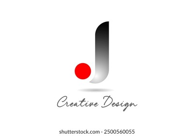 J letter alphabet logo icon design in black grey gradient color with red dot circle for company and business