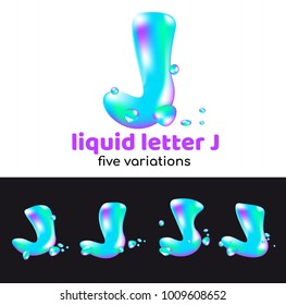 J letter is an aqua logo. Liquid volumetric letter with droplets and sprays for the corporate style of the company or brand on the letter J. Juicy, watery, holographic style.