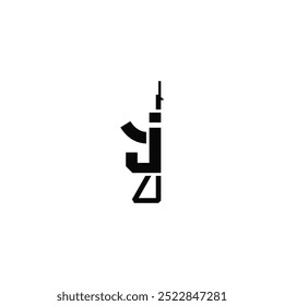 Letra J y diseño de logotipo de combinación de arma automática.