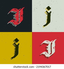 J letter blackletter style logo set with grunge texture. Stylish horror gothic icon font. Perfect for retro style identity, music album covers, movie posters, luxury packaging, medieval design.