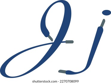 J letter. Blue Sport alphabet formed by shoe lace. Vector handwritten script font can be used for workout labels, race headlines, fitness posters, delivery cards. Alphabet fonts set.