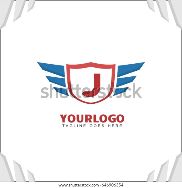 J letter brand identity. Falcon wing\
logo vector icon. Blue shield design\
template.