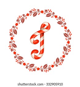 J letter christmas candy with wreath. Vintage design elements for your application or corporate identity.