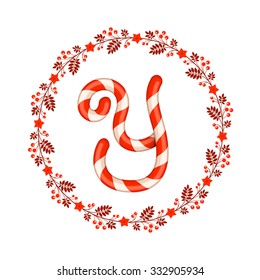 J letter christmas candy with wreath. Vintage design elements for your application or corporate identity.