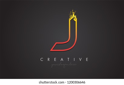 J Letter Design with Golden Outline and Grunge Brush Texture. Vector Illustration.