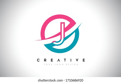 Icono del logotipo J Letter Design con diseño circular y de cisne e ilustración vectorial de color rosa azul.