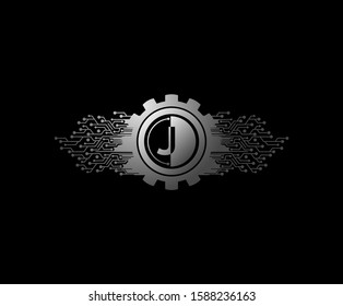 J Letter Digital Data Logo Icon with Gear and Network Line Shape