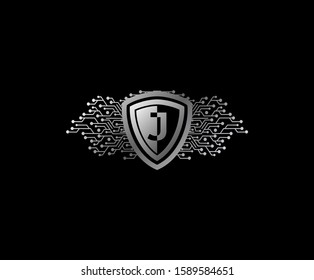 J Letter Digital Data Protection Logo Icon with Shield and Network Line Shape