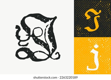 J letter drop cap logo. Illuminated initial and blackletter uppercase and lowercase. All you need to precisely imitate medieval text. Decorative element for the beginning of a paragraph or section.