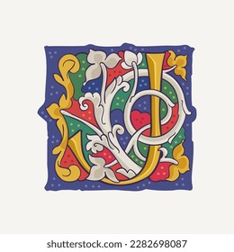 J letter drop cap logo with interlaced white vine and gilding calligraphy elements. Renaissance initial emblem. Medieval dim colored fancy luxury icon based on Ottonian and Romanesque.