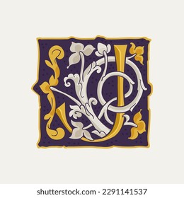 J letter drop cap logo. Square medieval initial with gold texture and white vine. Renaissance calligraphy emblem. Vector premium elements for luxury identity, vintage package, engraved charter, etc.