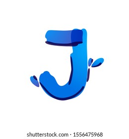 J letter eco logo with blue water drops handwritten with a felt-tip pen. Vector marker font can be used for eco friendly, vegan, bio, raw, organic template.