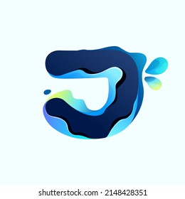 J letter eco logo with blue dew drops in hologram glitch style. Environment friendly icon with color shift and illusion effect. Vector idea for waste recycling identity or organic merchandise.