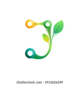 J letter eco logo with colorful spheres or dots and connecting lines. Vector green icon perfect to use in any agriculture labels, science posters, spring identity, etc.