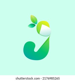 J letter eco logo with curled corner and green leaves. Negative space style icon. Colorful gradient note paper. Vector origami font for agriculture art, waste recycling design, healthy food packaging.