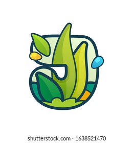 J letter eco logo with green leaves and dew drops. Vector ornate typeface for natural labels, organic company, vegan posters etc.