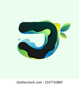 J letter eco logo with green leaves in hologram glitch style. Environment friendly icon with color shift and illusion effect. Vector element for waste recycling identity, natural theme presentation.