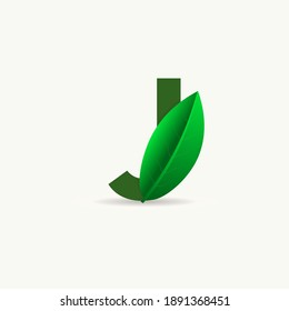 J letter eco logo with leaf. Vector font for nature posters, eco friendly emblem, vegan identity, herbal and botanical cards etc.