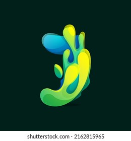 J letter eco logo made of green and blue splashes, pure water waves and dew drops with fresh leaves. Wildlife rescue icon with glow and gradients. Perfect for agriculture art, healthy food packaging.