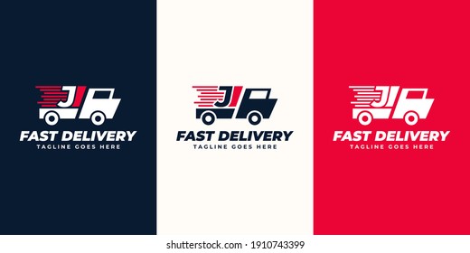 Plantilla de diseños de logotipo de entrega expreso de carta. Ilustración gráfica vectorial de la letra y diseño del logotipo de camión rápido. Servicio de entrega perfecto, diseño de logotipo de entrega express