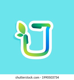 J letter flow line eco logo with green leaves. Vector green icon perfect to use in your agriculture labels, science posters, spring advertising campaign.
