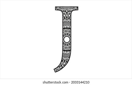 J letter Flower capital alphabet . Vector illustration Floral, Mandala alphabet. Black and white alphabet letters with flower shaped mandala design
