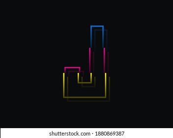 Tipo de letra J, logotipo de diseño vectorial. Dinámico, de dos colores, azul, rosa, amarillo sobre fondo negro. Ilustración Eps10