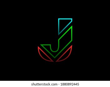 Tipo de letra J, logotipo de diseño vectorial. Dinámico, rgb de dos colores, rojo, verde, azul sobre fondo negro. Ilustración Eps10