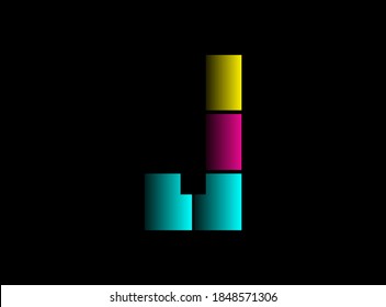 Tipo de letra J, logotipo vectorial hecho de color Cmyk. Color dinámico de color azul, rosa, amarillo sobre fondo negro. Para medios sociales, elementos de diseño, afiche creativo, plantilla web, etc.                       