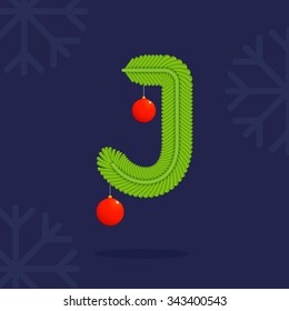 J letter formed by Christmas decorative fir tree branches and balls. Vector design template elements for your application or corporate identity.