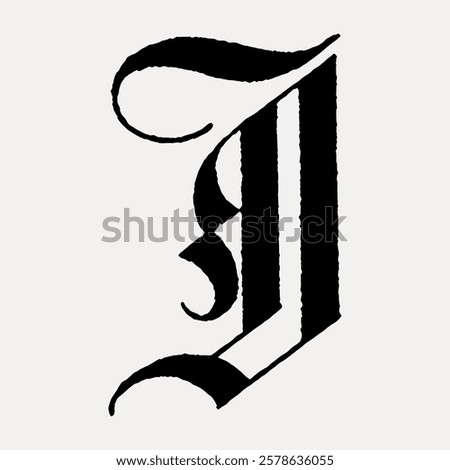 J letter, German gothic font illustration isolated on white, vector. Vintage black font isolated on white, vector.