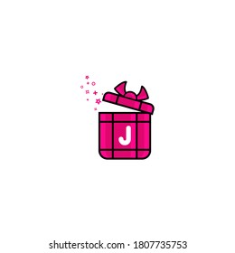 j Buchstabenkasten Logo Design Vector Template.Logo Geschenkschablone. Buchstabe j in der Schachtel für das Geschenk. Konzeption zeigt Embleme und Zeichen. Geschenkbox-Symbol auf Rosa.j Geschenkbox-Logo