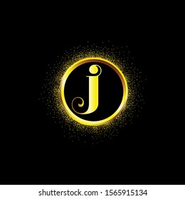 J letter golden icon in middle of golden sparking ring. J logo sign with empty center. Golden sparkling ring with dust glitter graphic on black background. Glorious decorative glowing shiny design.