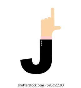 J letter hand. Forefinger lettering. Hand of business suit
