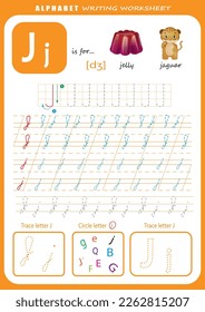 Hoja de trabajo práctica de escritura a mano de cartas J. Hoja de cálculo de seguimiento de letras de alfabeto para niños con juegos e ilustraciones brillantes. Página Aprendiendo actividad alfabética. Plantilla imprimible.