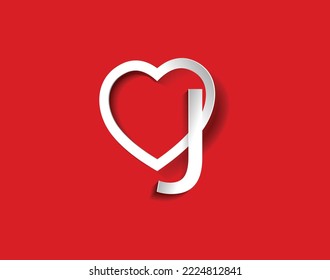  j letter with a heart on red background for lovers and friends